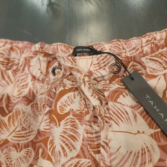 Tahari New 100% Linen Tropical Print Muted Red Pink Drawstring Shorts Size Small - Picture 6 of 11